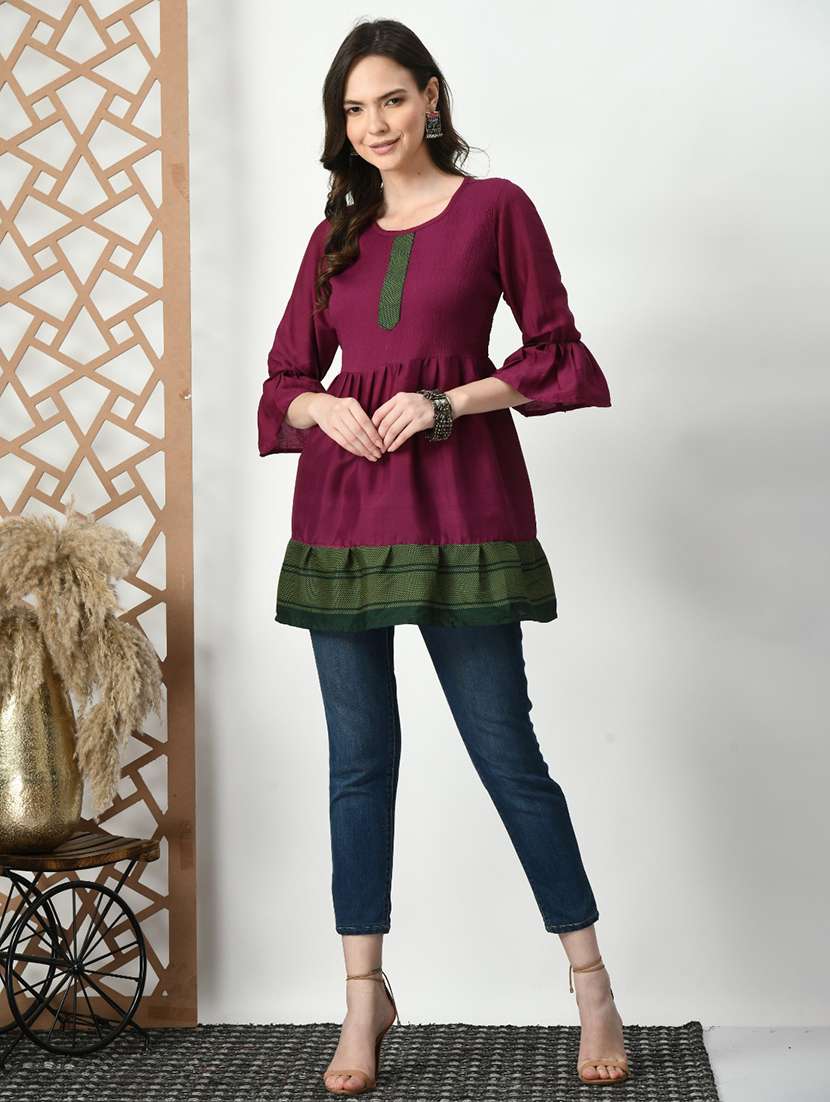 women color blocked bell sleeve tiered kurti - 21992221 -  Standard Image - 4