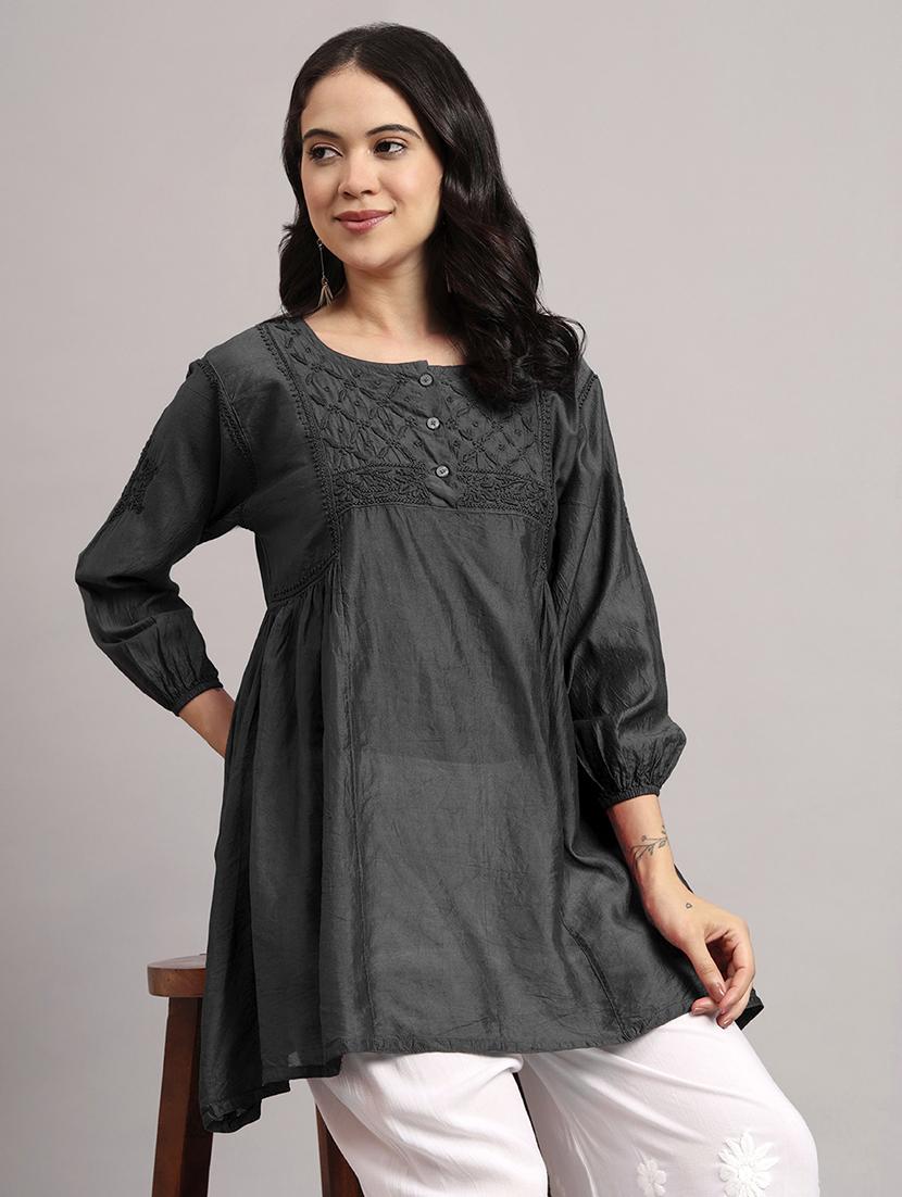 women solid with work round neck a-line chikankari kurti - 21992357 - Standard Image - 1