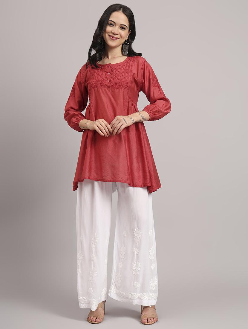women solid with work round neck a-line chikankari kurti - 21992358 -  Zoom Image - 0