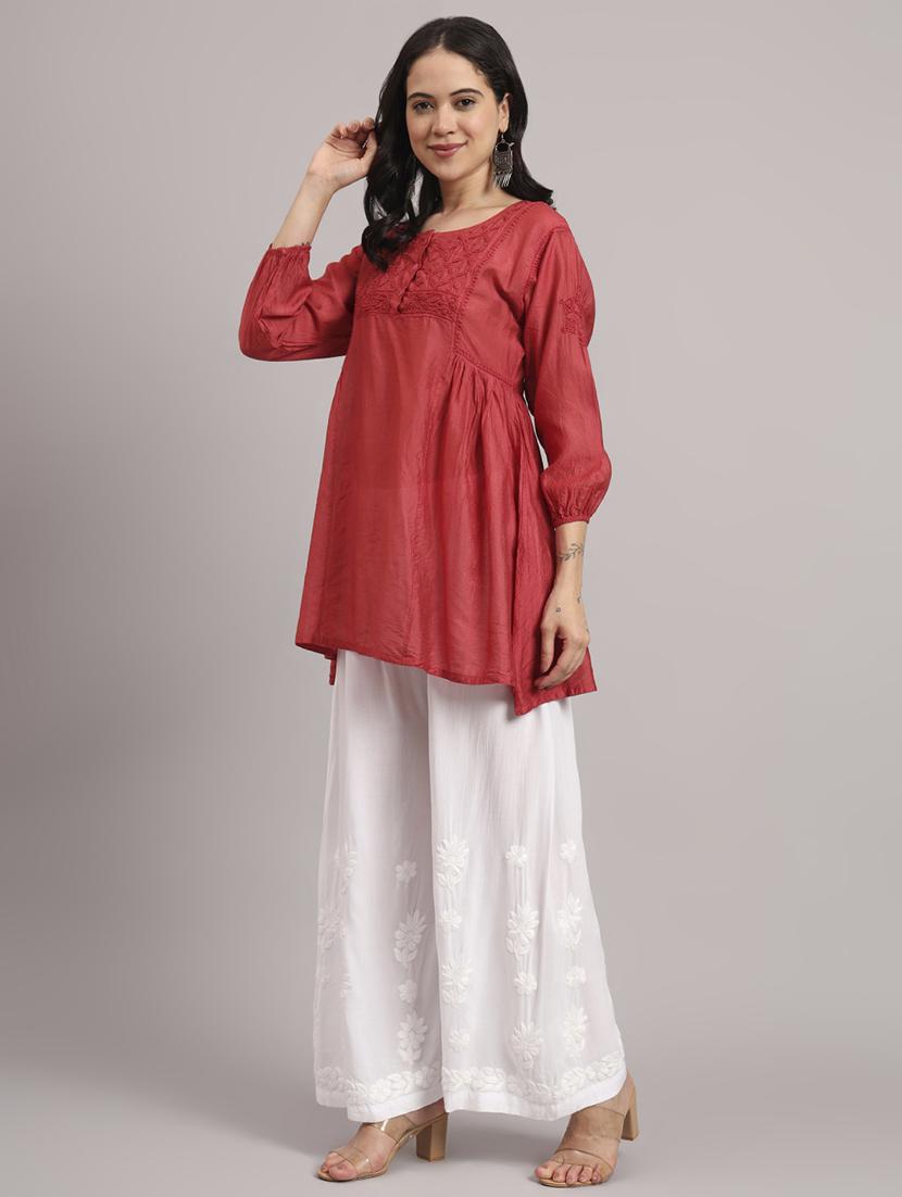 women solid with work round neck a-line chikankari kurti - 21992358 -  Standard Image - 1