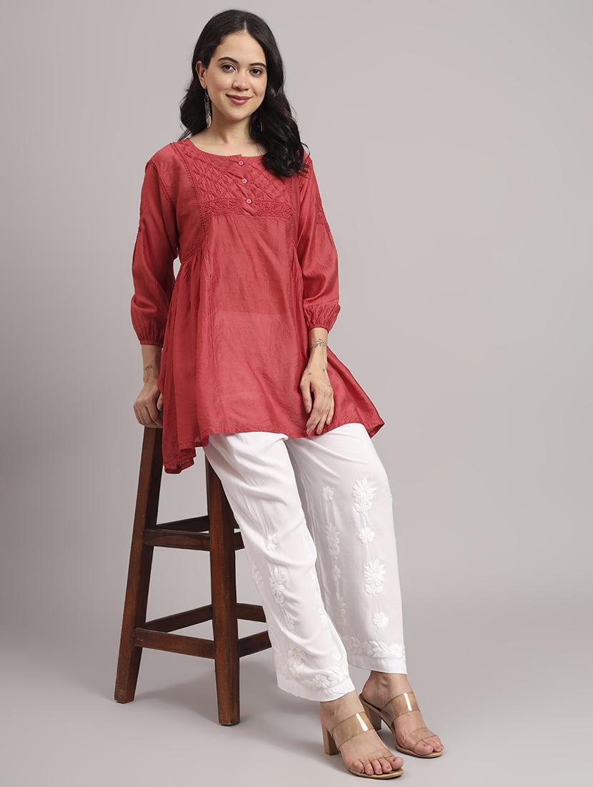 women solid with work round neck a-line chikankari kurti - 21992358 - Standard Image - 4