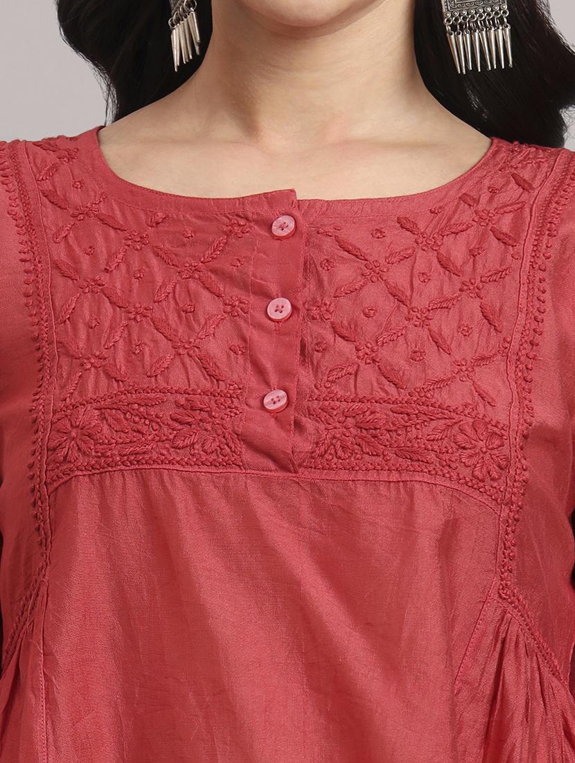 women solid with work round neck a-line chikankari kurti - 21992358 - Standard Image - 6