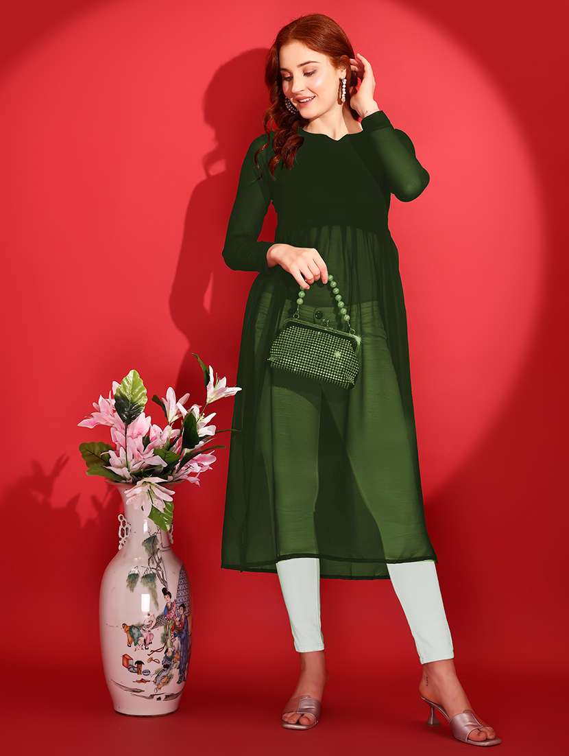 women solid long sleeve side slit kurta