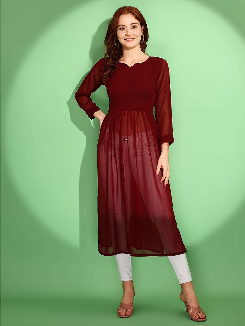 women solid long sleeve side slit kurta