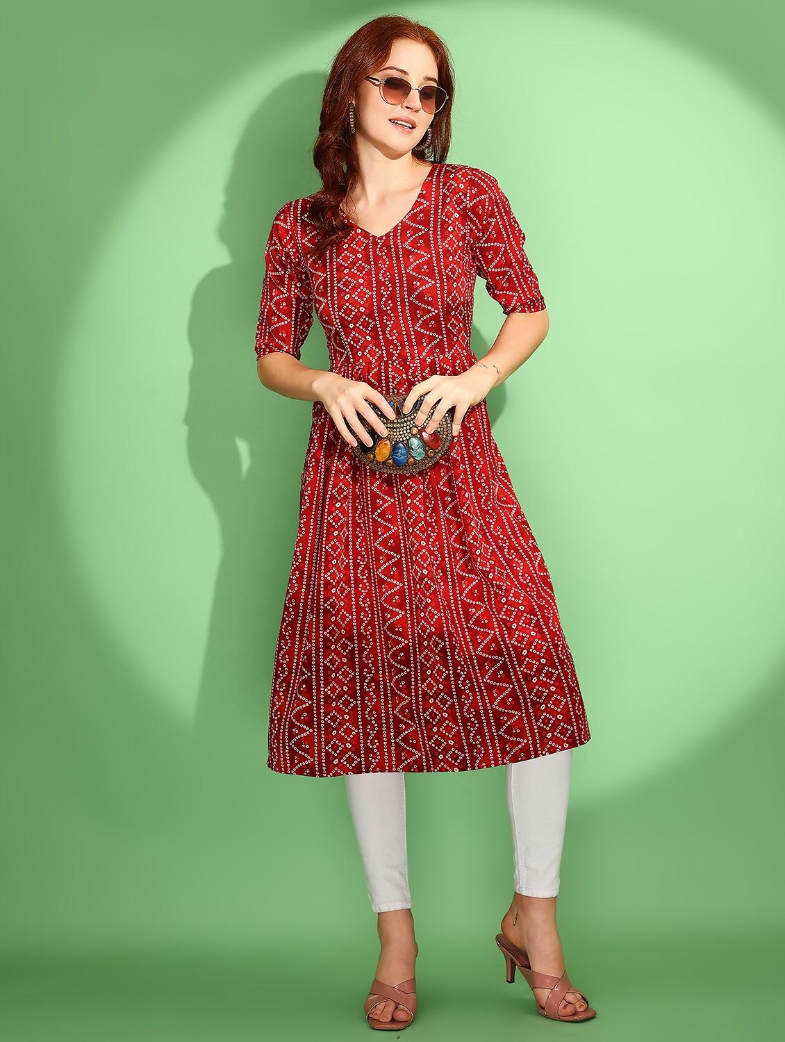 women bandhani printed short sleeve a-line kurta