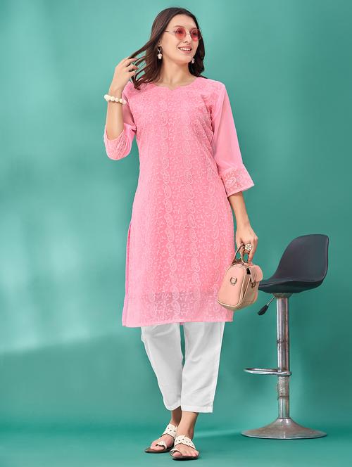 women solid with work three quarter sleeve straight kurta - 21992379 -  Standard Image - 0