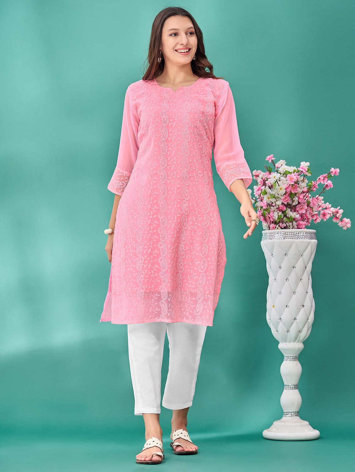 women solid with work three quarter sleeve straight kurta - 21992379 -  Standard Image - 1