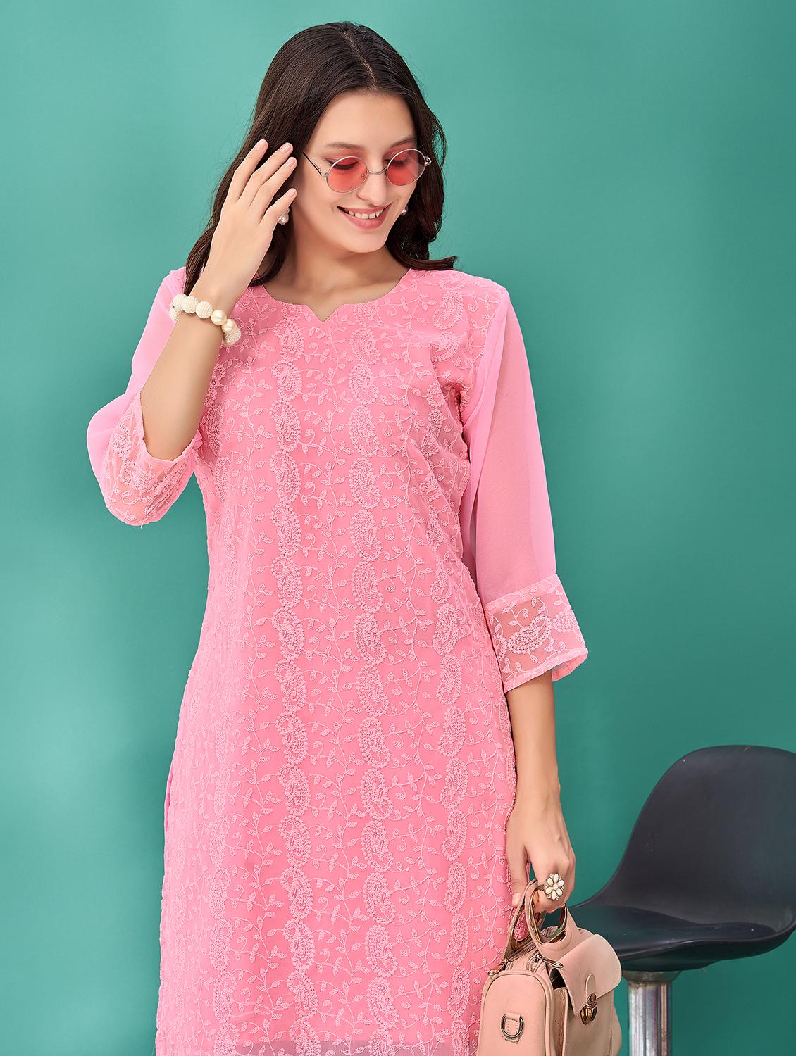 women solid with work three quarter sleeve straight kurta - 21992379 - Standard Image - 4
