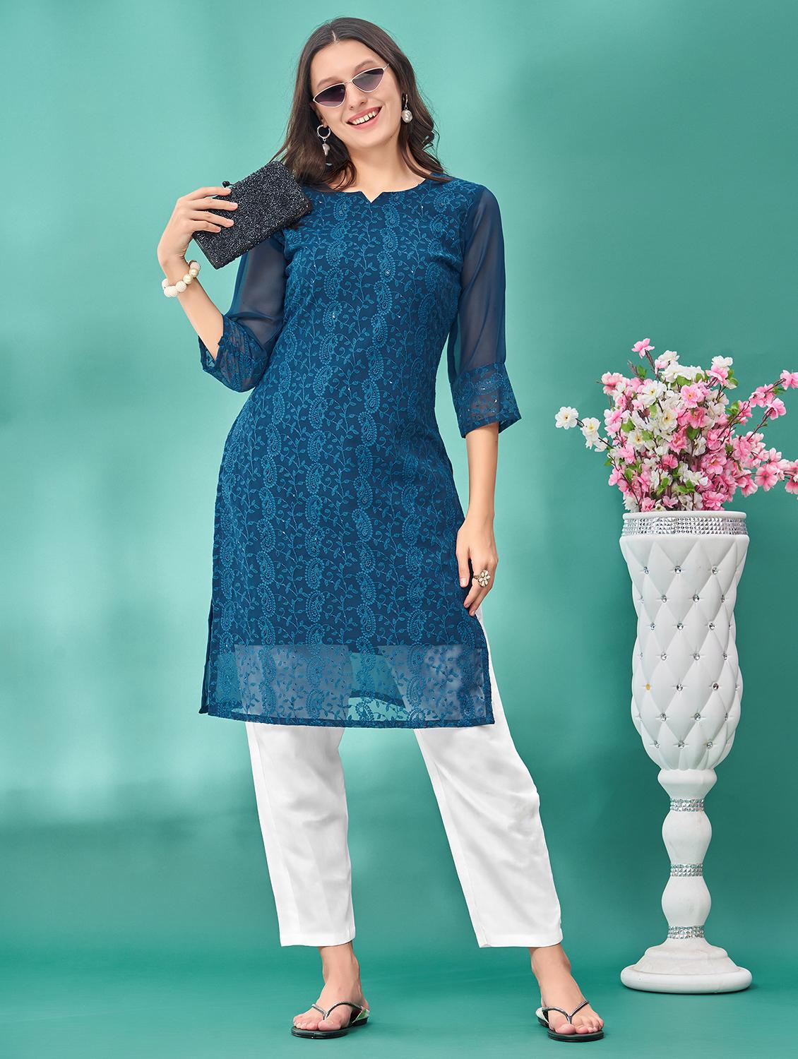 women solid with work three quarter sleeve straight kurta