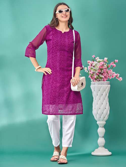 women solid with work three quarter sleeve straight kurta - 21992381 -  Standard Image - 0