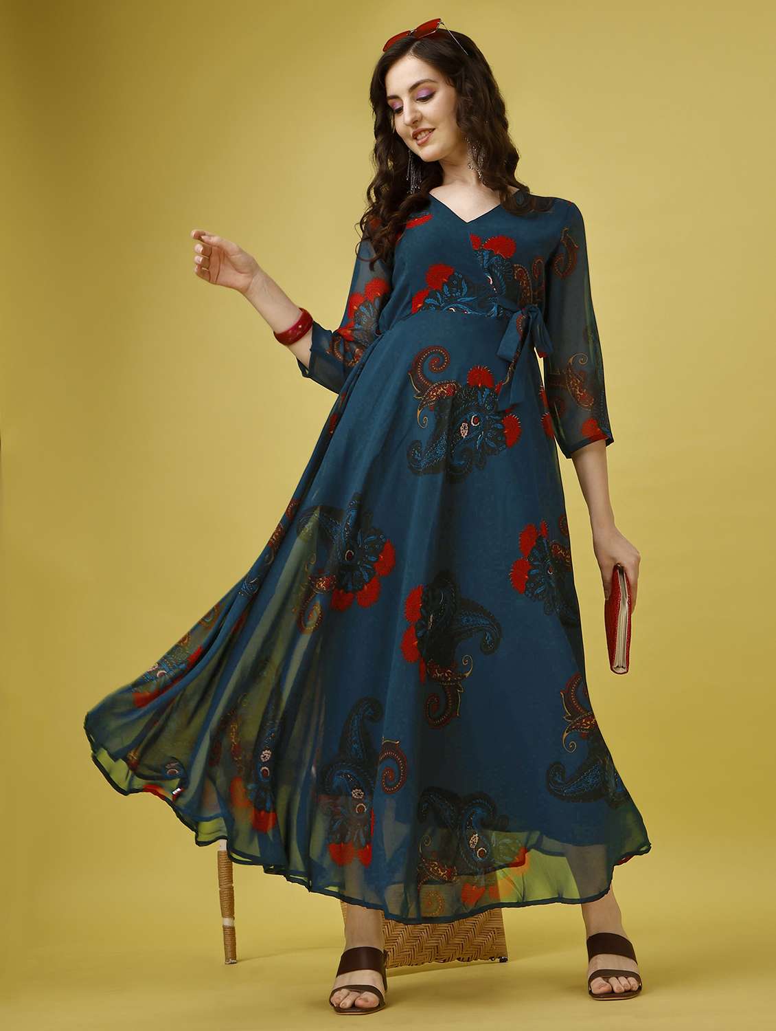 women teal floral print fit and flare maxi dress