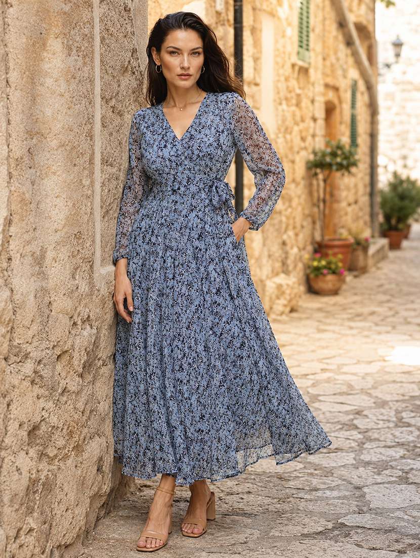 women printed long sleeve fit & flare maxi dress