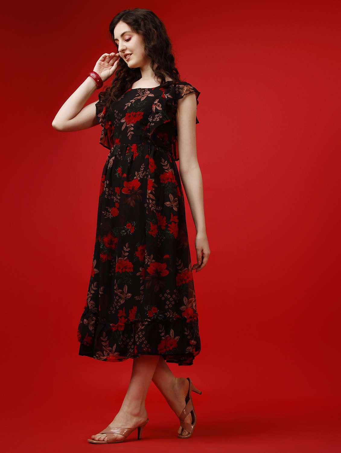 women floral print ruffle sleeve fit & flare dress - 21992384 -  Standard Image - 1