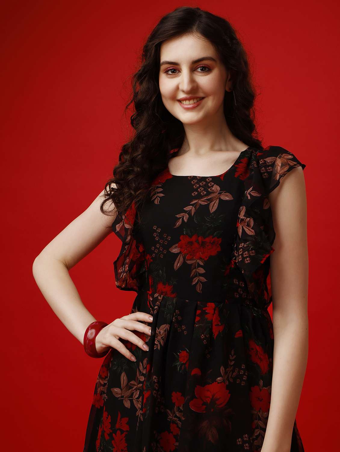 women floral print ruffle sleeve fit & flare dress - 21992384 -  Standard Image - 4