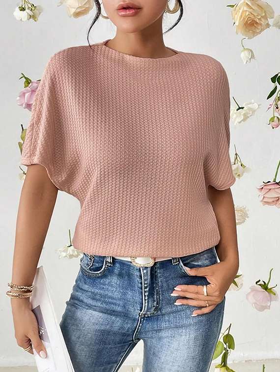 women solid batwing sleeve relaxed fit knitted top