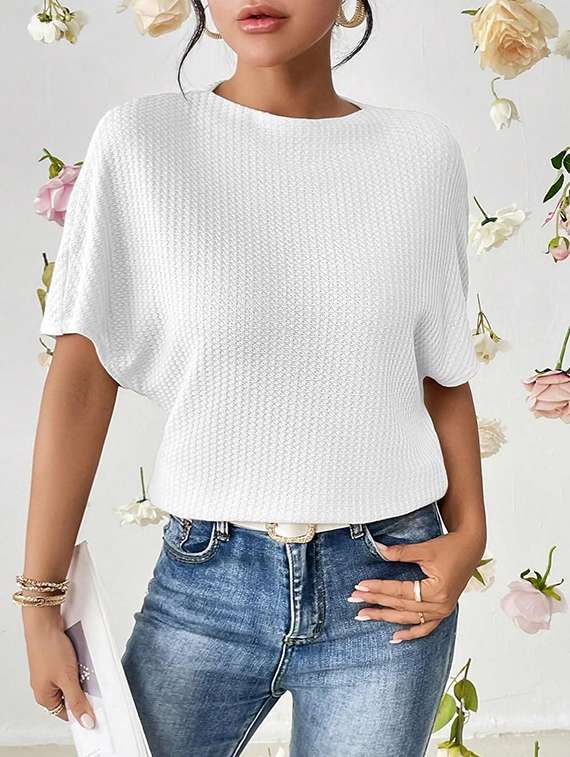 women solid batwing sleeve relaxed fit knitted top