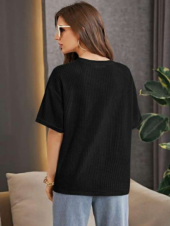 women solid short sleeve relaxed fit knitted top - 21992400 -  Standard Image - 1