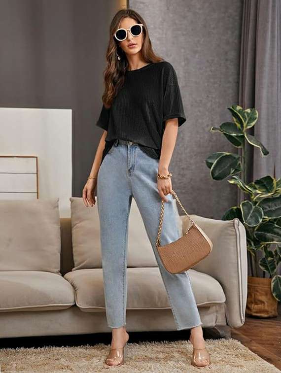 women solid short sleeve relaxed fit knitted top - 21992400 -  Standard Image - 4