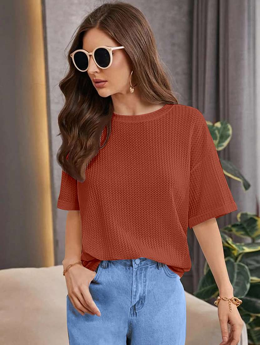 women solid short sleeve relaxed fit knitted top