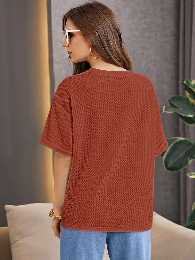 women solid short sleeve relaxed fit knitted top - 21992401 -  Standard Image - 1