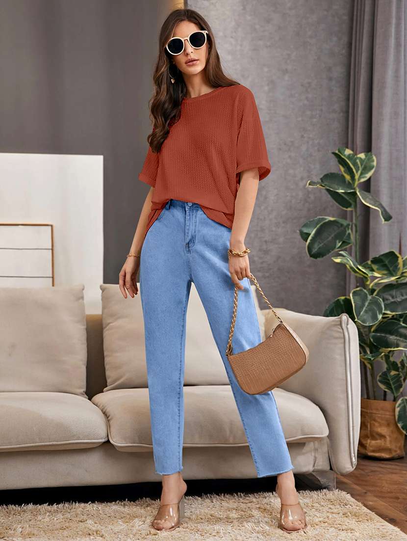 women solid short sleeve relaxed fit knitted top - 21992401 -  Standard Image - 4