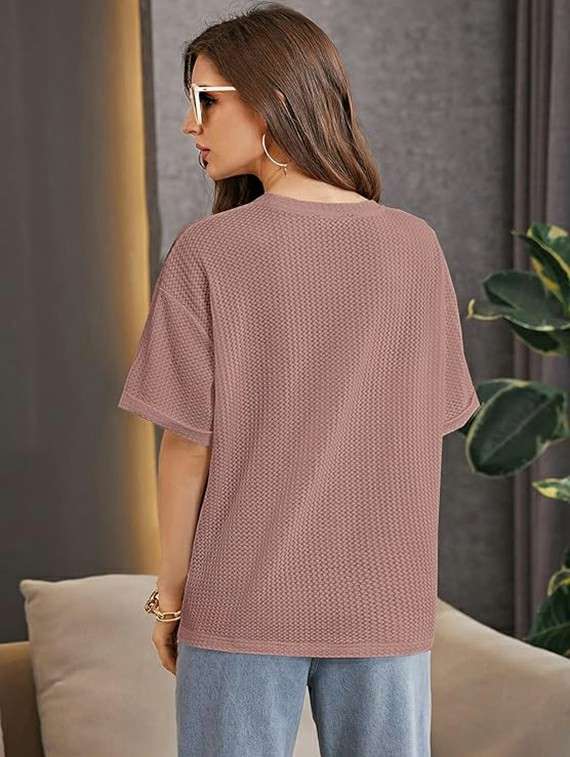 women solid short sleeve relaxed fit knitted top - 21992402 -  Standard Image - 1