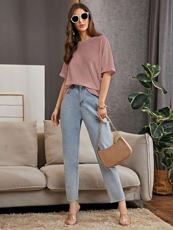 women solid short sleeve relaxed fit knitted top - 21992402 -  Standard Image - 4