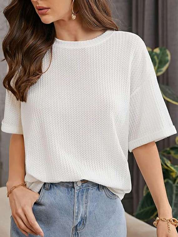 women solid short sleeve relaxed fit knitted top - 21992404 -  Standard Image - 1