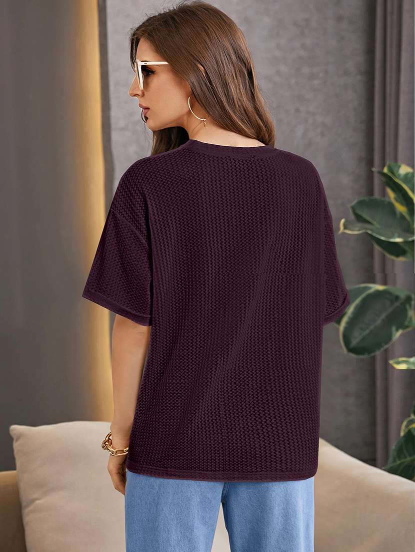 women solid short sleeve relaxed fit knitted top - 21992405 -  Standard Image - 1