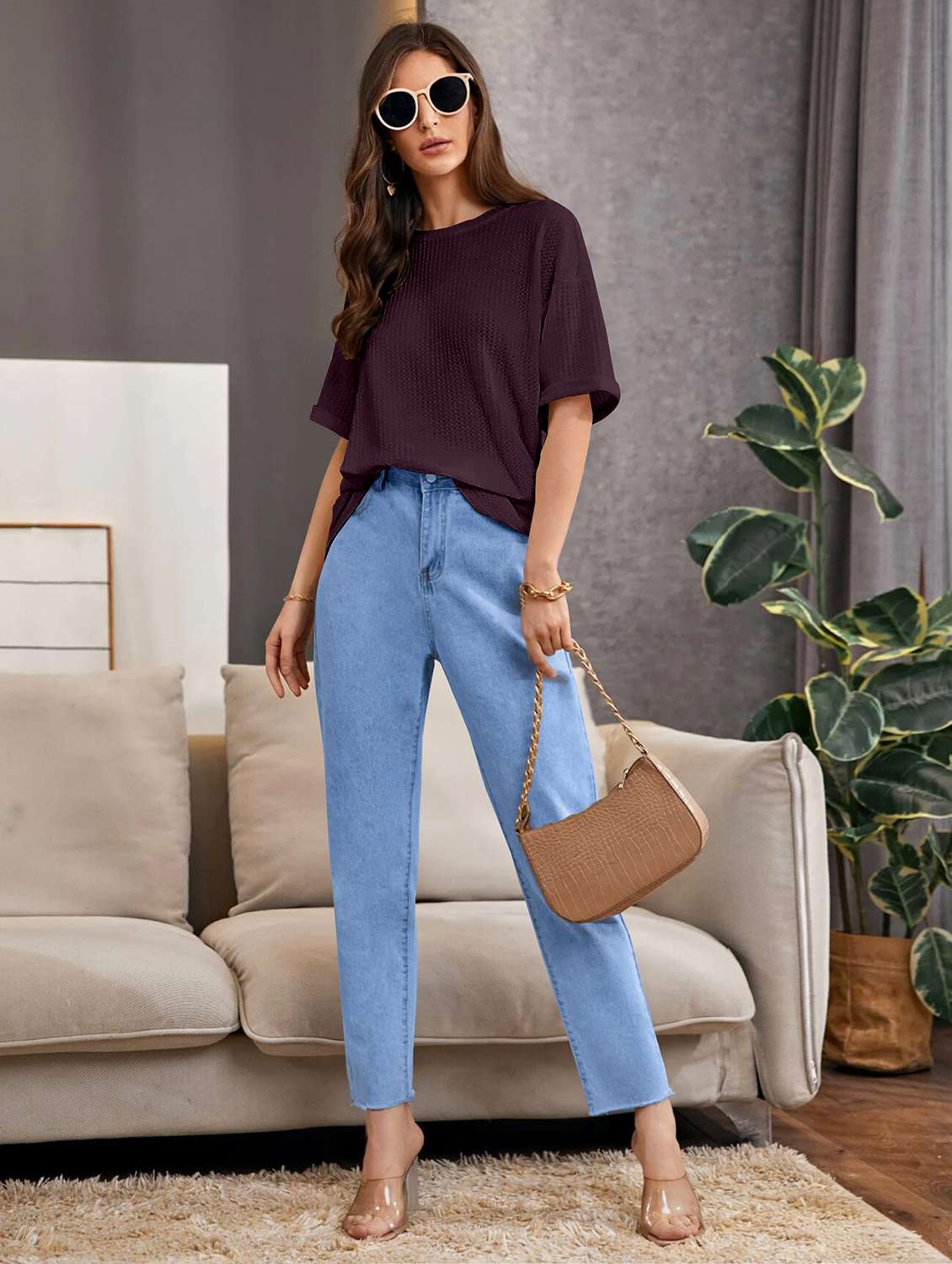 women solid short sleeve relaxed fit knitted top - 21992405 -  Standard Image - 4