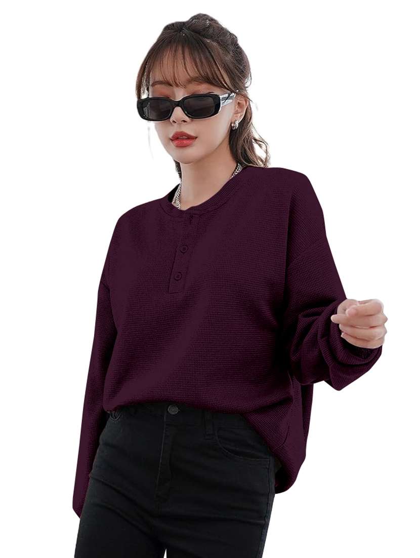 women solid long sleeve loose fit winter top - 21992410 - Standard Image - 1