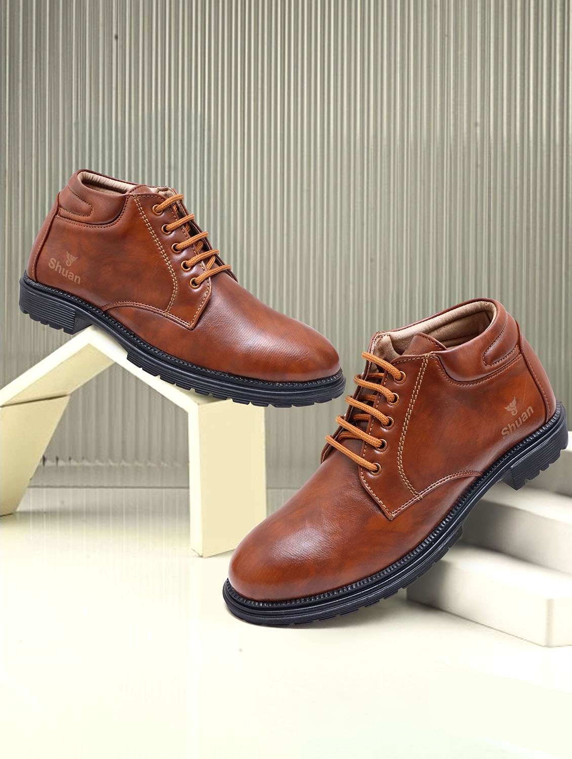 men tan lace up ankle boot