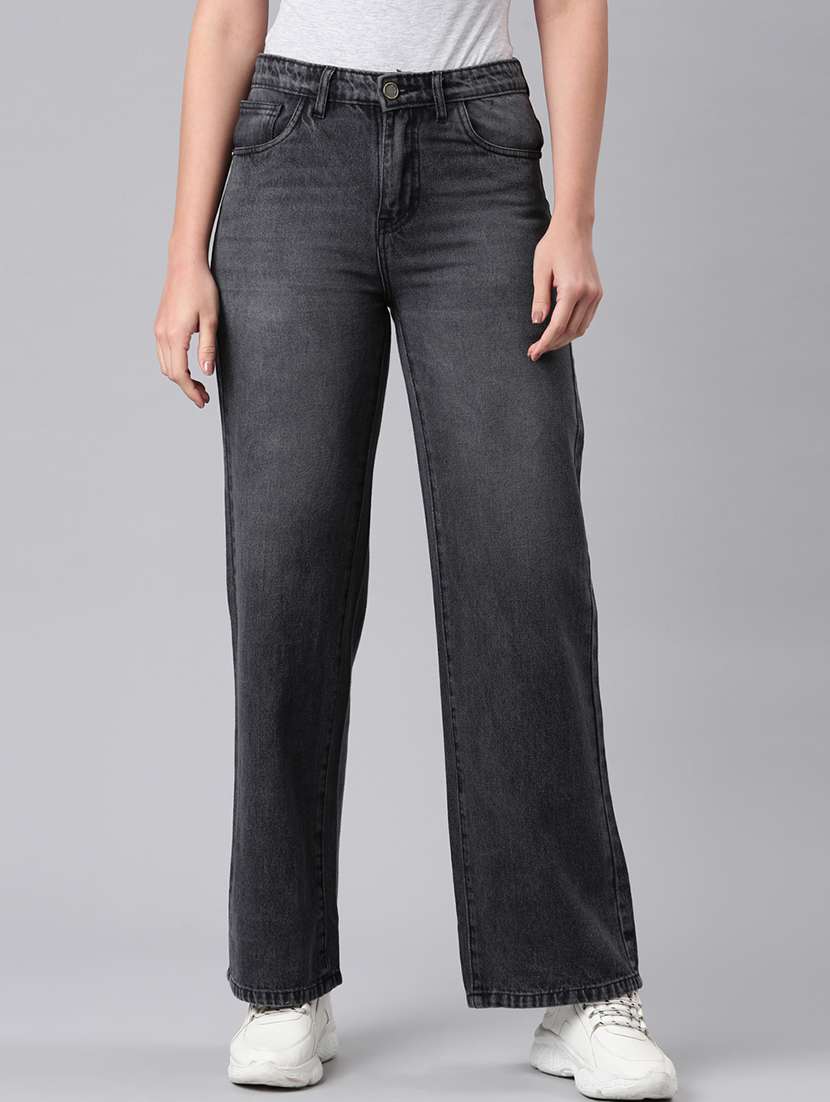 women washed high rsie wide leg jean