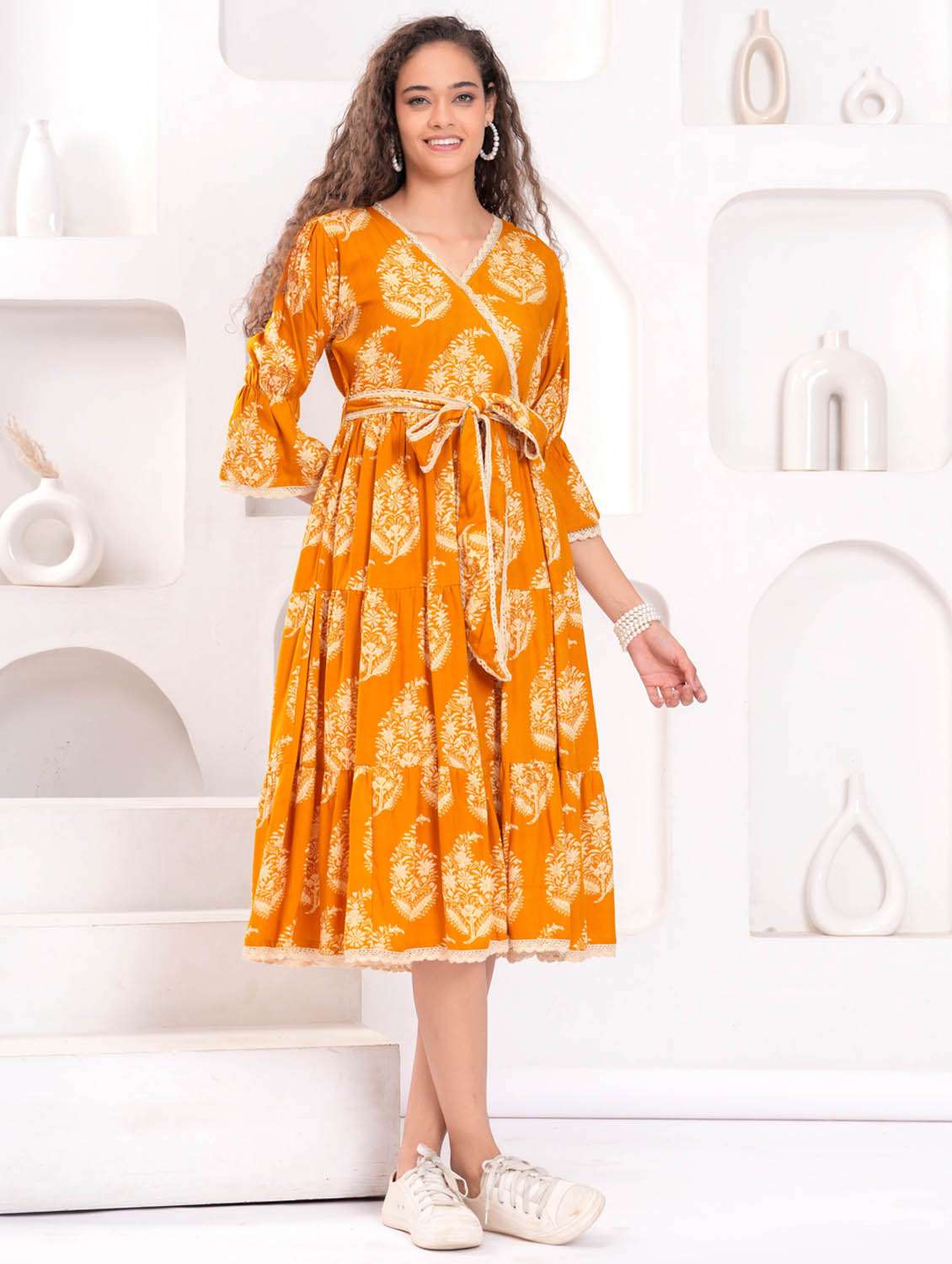 women printed bell sleeve tiered dress - 21992445 - Standard Image - 1