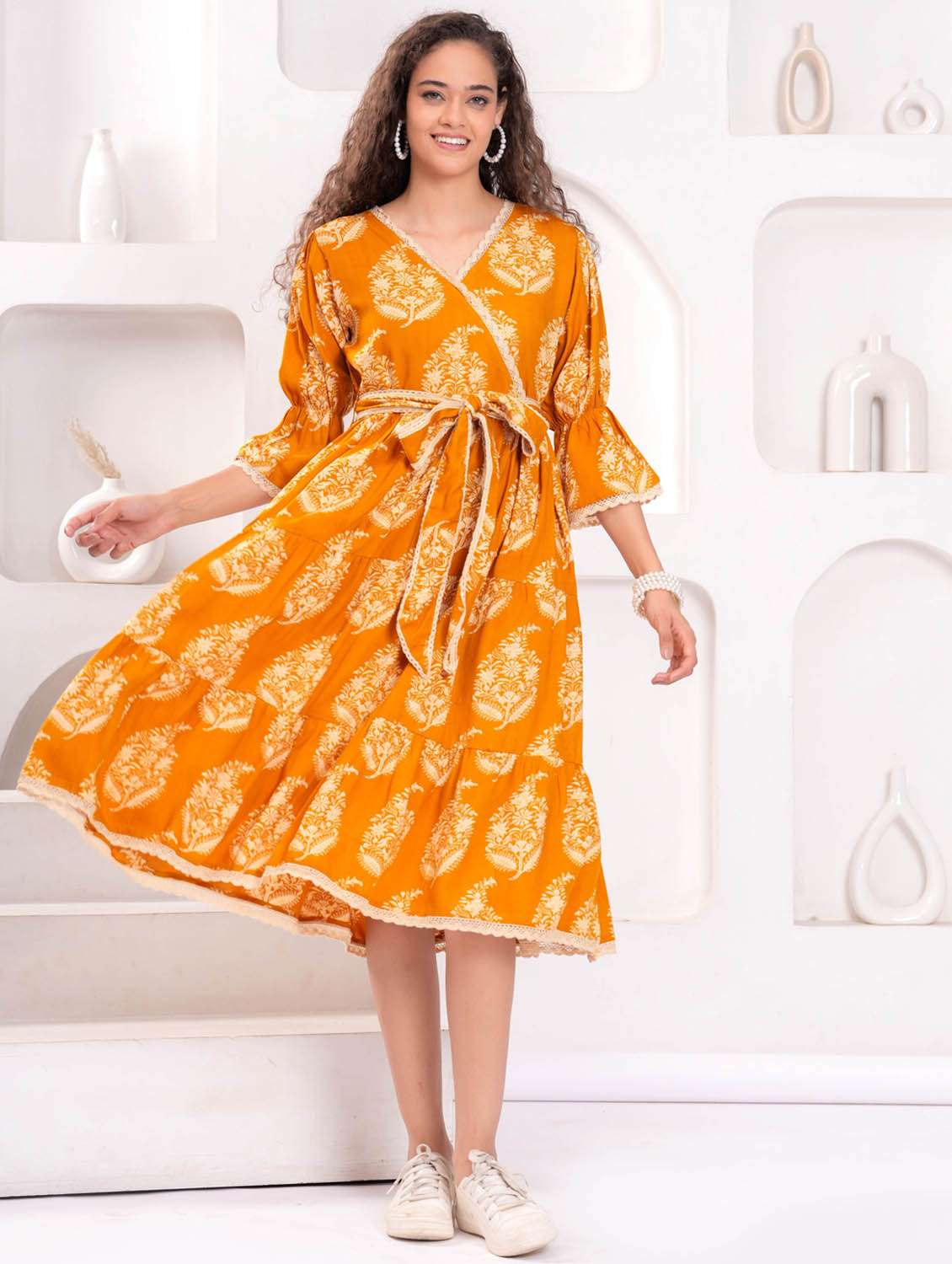 women printed bell sleeve tiered dress - 21992445 - Standard Image - 4