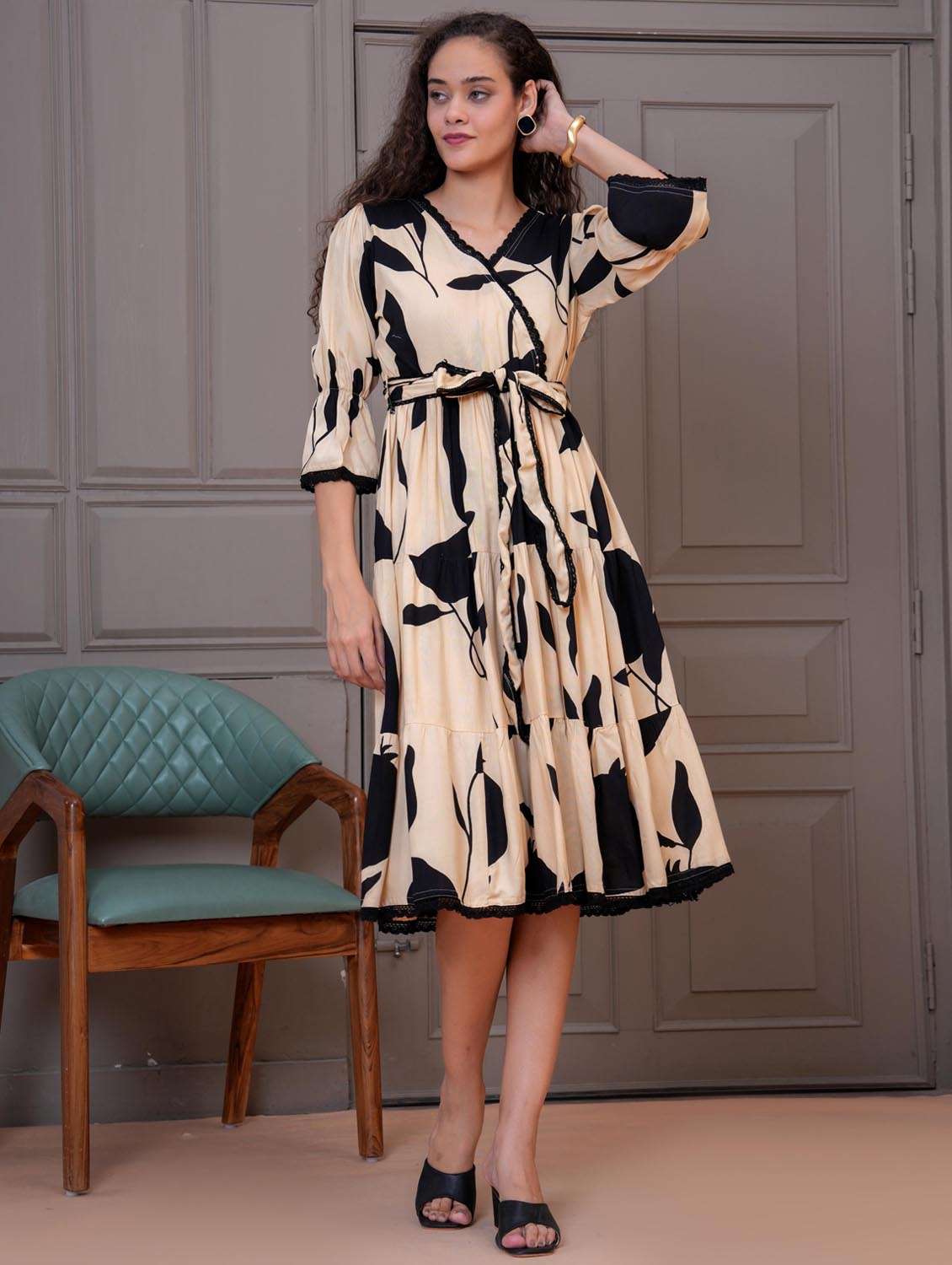women printed bell sleeve tiered dress - 21992446 -  Standard Image - 1