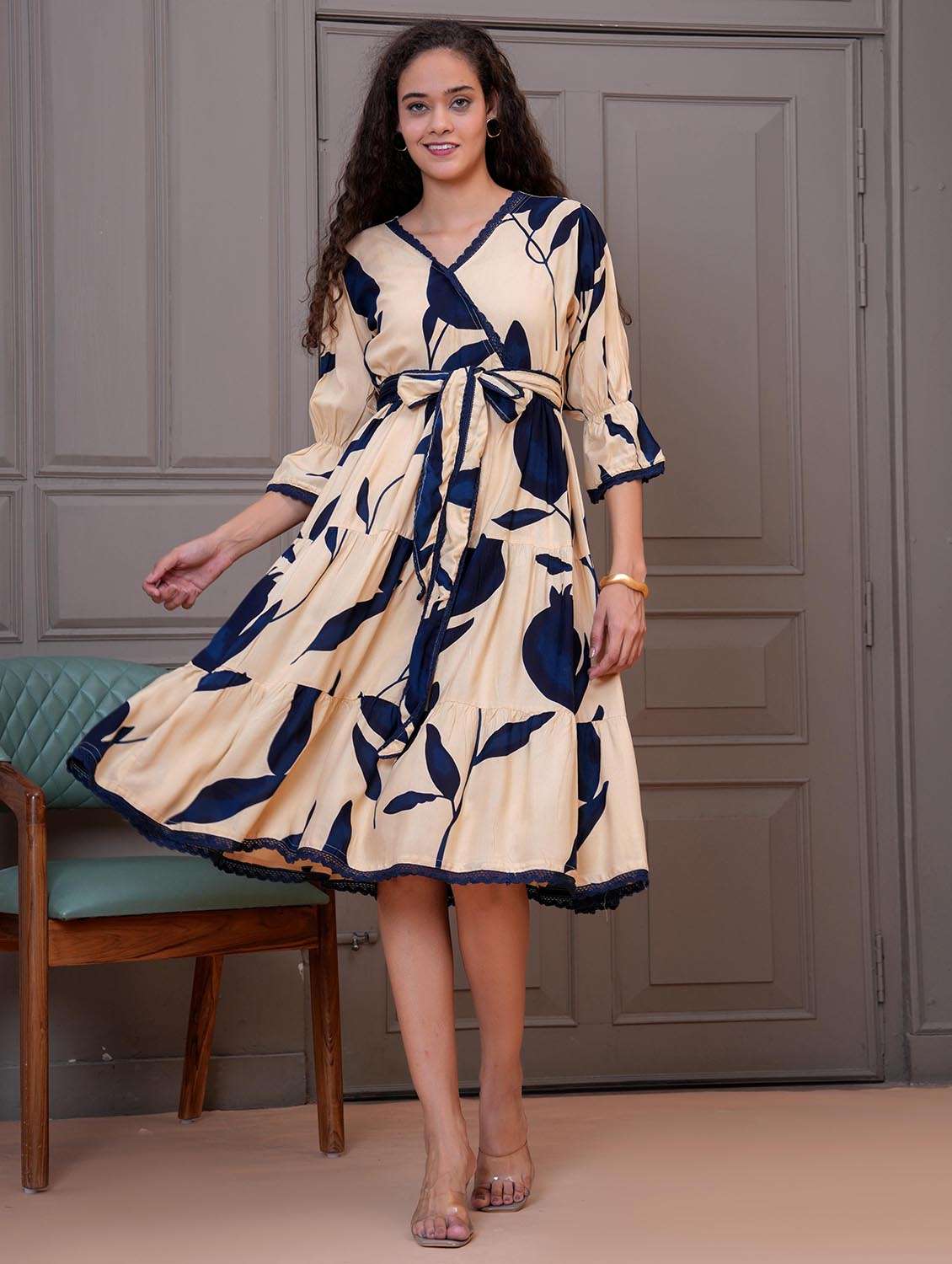 women printed bell sleeve tiered dress - 21992447 -  Standard Image - 1