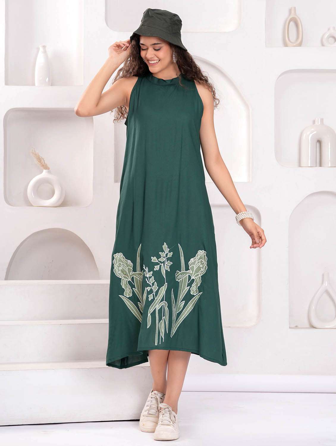 women printed halter neck sleeveless a-line dress