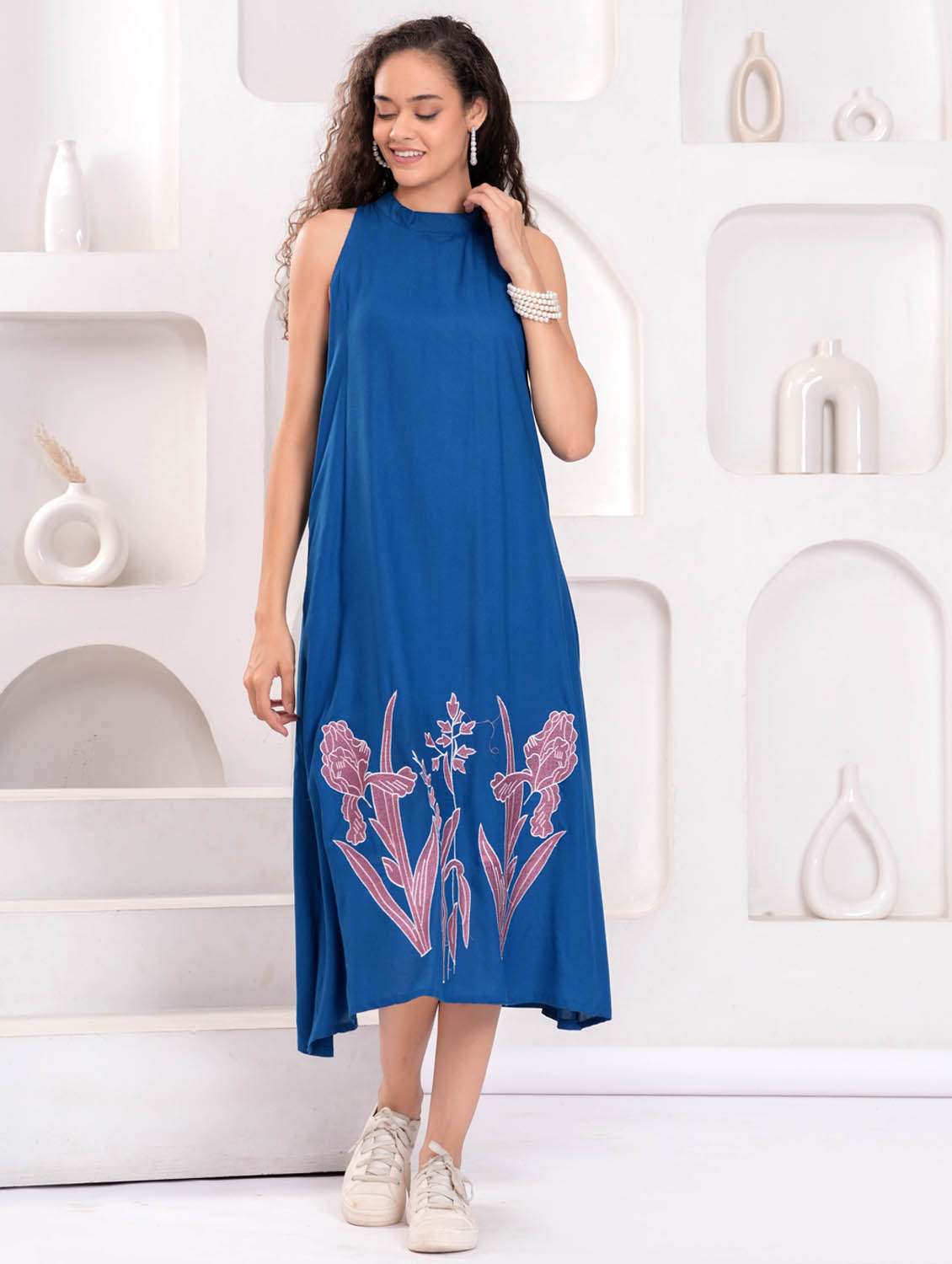 women printed halter neck sleeveless a-line dress - 21992455 - Standard Image - 1