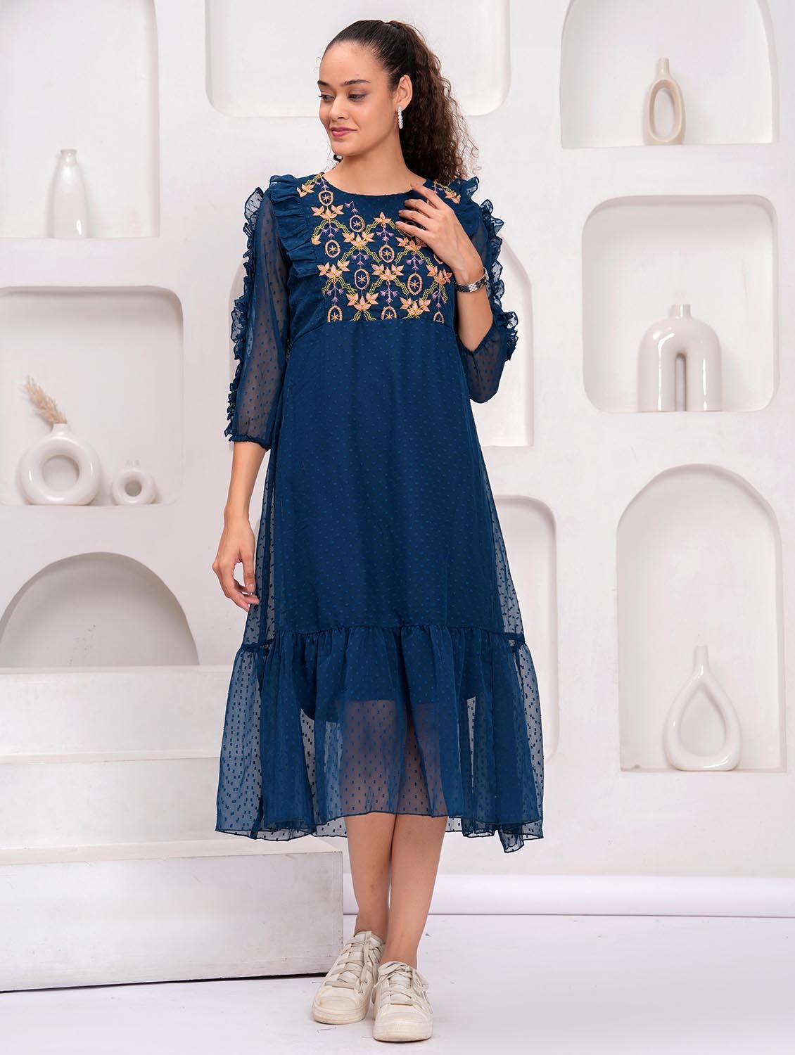 women embroidered round neck tiered dress - 21992458 - Standard Image - 4