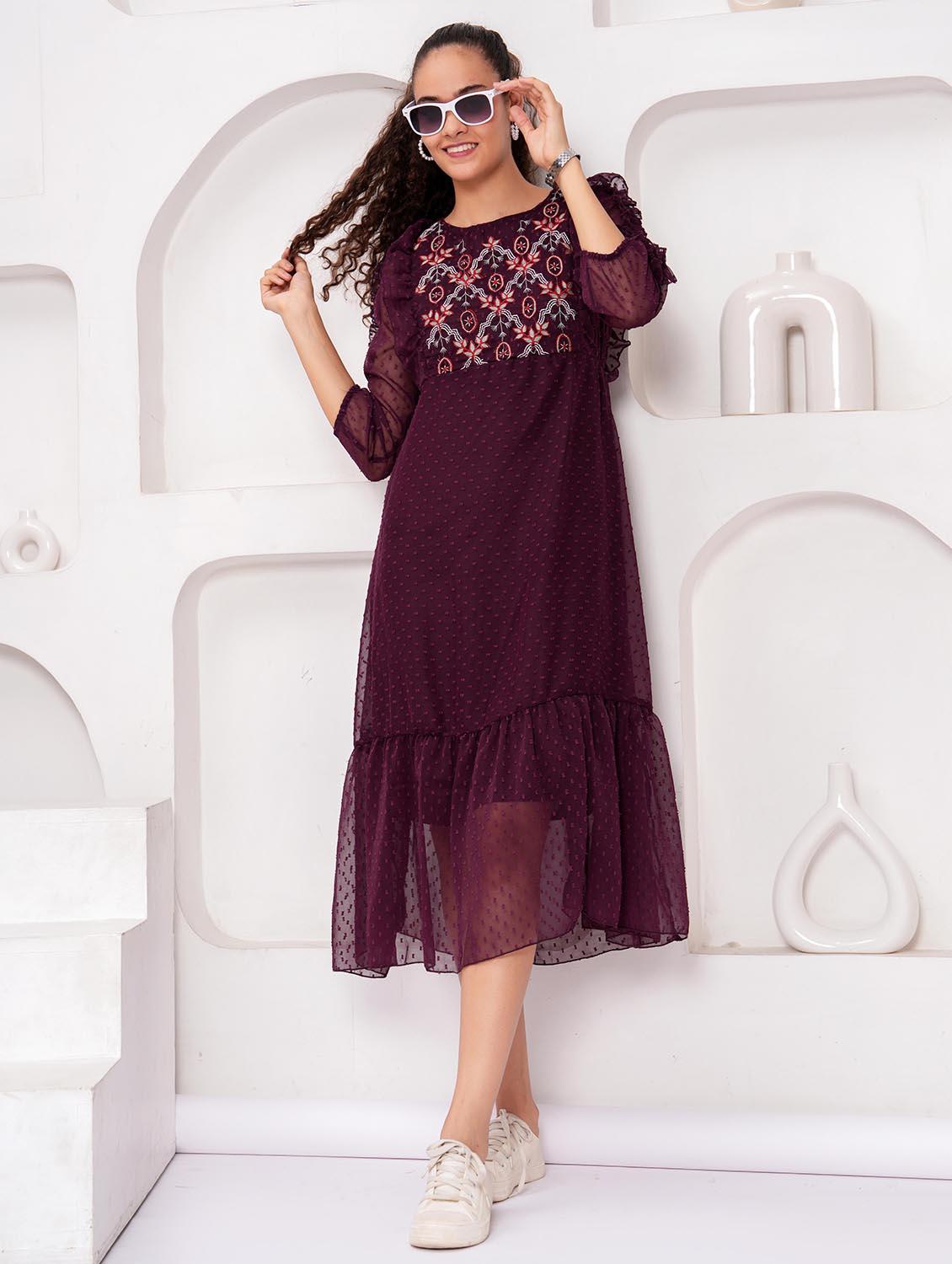 women embroidered round neck tiered dress - 21992460 -  Zoom Image - 0