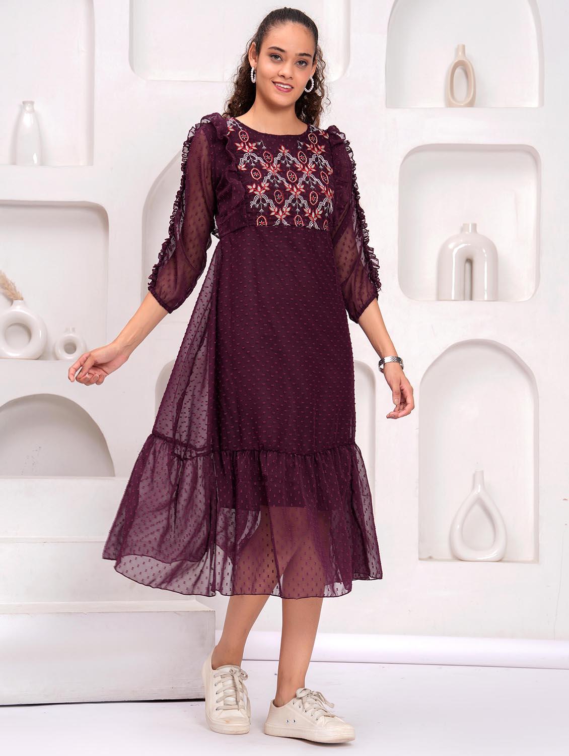 women embroidered round neck tiered dress - 21992460 - Standard Image - 4