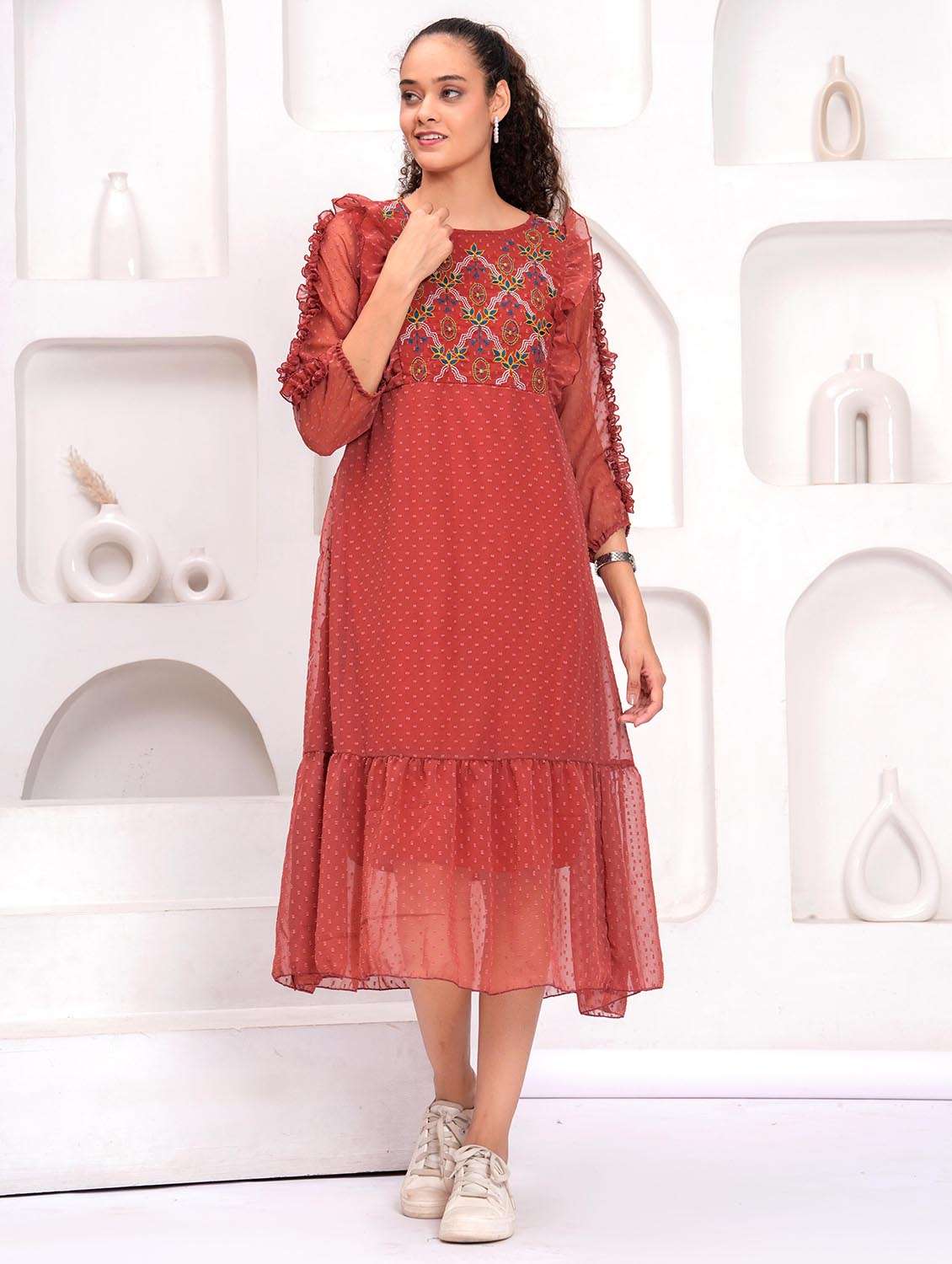women embroidered round neck tiered dress - 21992461 - Standard Image - 4