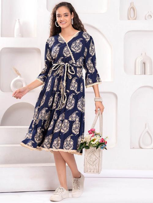 women printed bell sleeve tiered dress - 21992482 -  Standard Image - 0