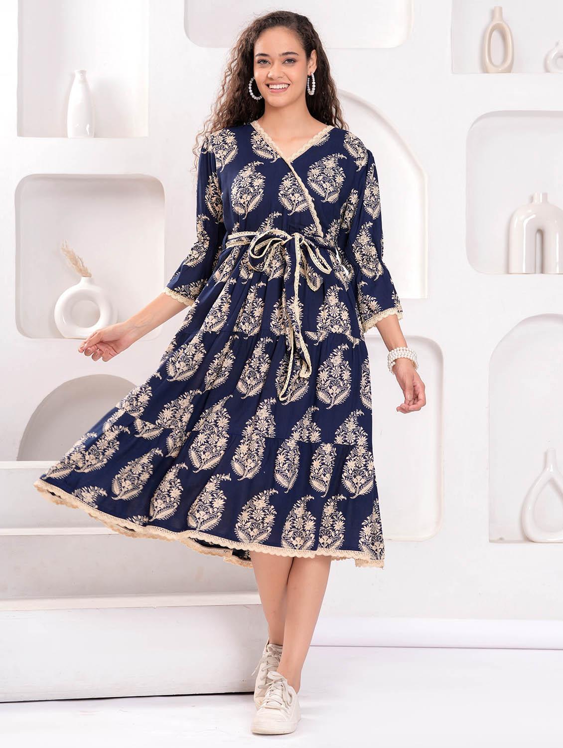 women printed bell sleeve tiered dress - 21992482 -  Standard Image - 1