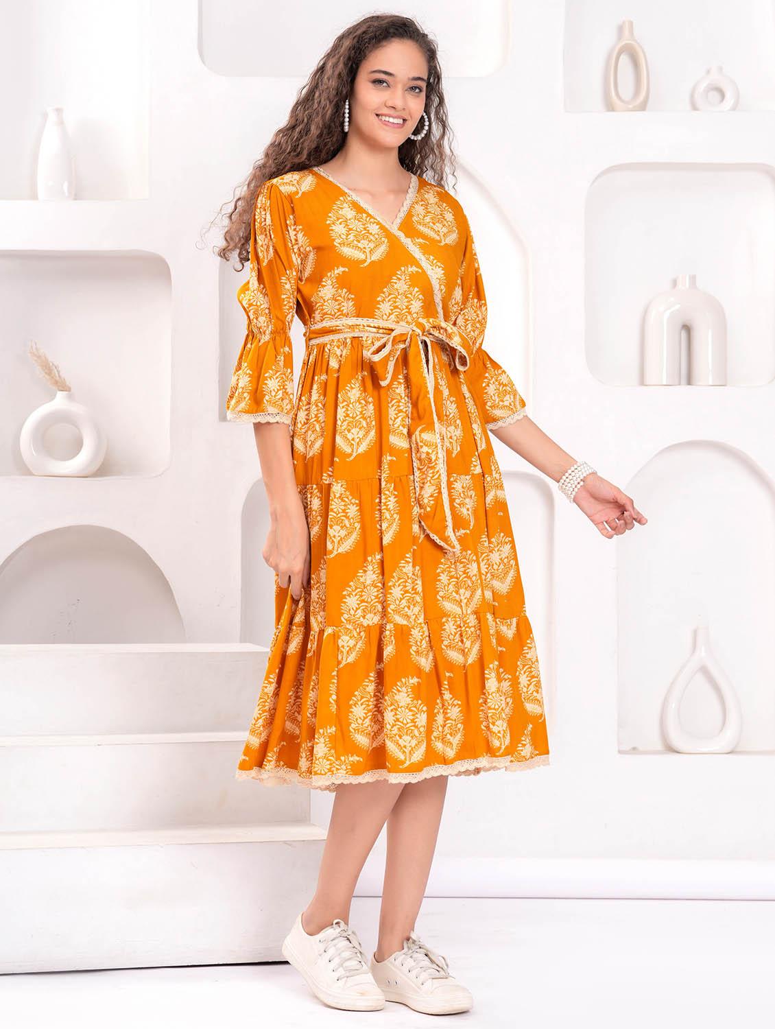 women printed bell sleeve tiered dress - 21992483 - Standard Image - 1