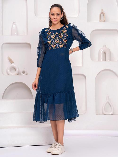women embroidered round neck tiered dress - 21992497 - Standard Image - 0