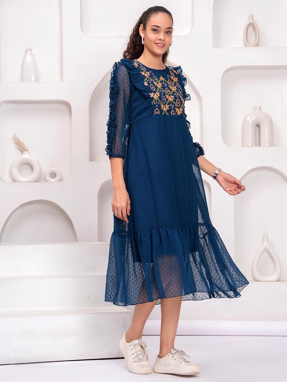 women embroidered round neck tiered dress - 21992497 - Standard Image - 1