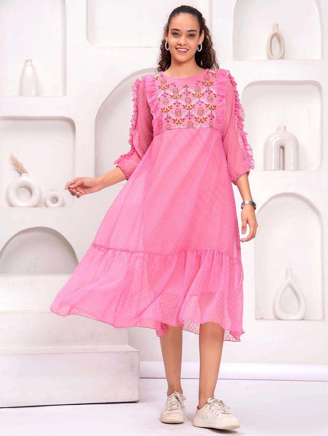 women embroidered round neck tiered dress - 21992498 -  Standard Image - 1