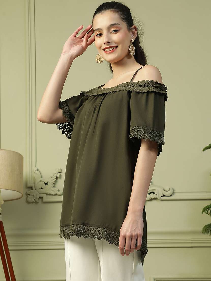 women olive solid off shoulder regular top - 21992521 -  Standard Image - 1
